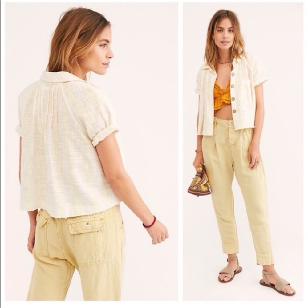 We The Free Cream Short-Sleeve Button Front Top